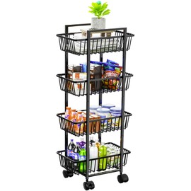 Simple Trending 4 Tier Rolling Fruit Vegetable Basket Cart, Metal Wire Kitchen Storage Organizer on Wheels for Bread Onion Potatoes, Black