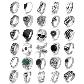 EIELO Vintage Silver Punk Rings Set for Men Cool Gothic Alt Chunky Rings Bulk Skull Snake Stackable Hippie Knuckle Bulky Rings Pack