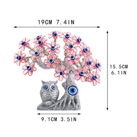 7.4'' Turkish Blue Evil Eye Tree Feng Shui Owl Decorative Showpiece for Protection, Good Luck & Prosperity (Pink Flowers)