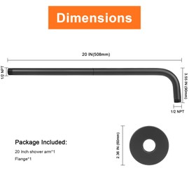 HarJue Shower Arm with Flange and Teflon Tape, Wall Mounted Shower Pipe Arm 304 Stainless Steel Extension Arm for Fixed Shower Head & Handheld (20 Inch, Matte Black)
