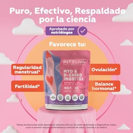 Inteliva Myo y D-Chiro Inositol en Polvo con Inulina de Achicoria, Ratio 40:1, 45 Porciones, 4g Myo Inositol y 200mg D-Chiro Inositol por Porción, Sin