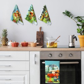 FuWeave 6 Pcs Vintage Camping Kitchen Towels Retro Happy Camper Dish Towels Funny Hand Towels Absorbent Camping Decor Drying Tea Towel Bathroom Housewarming Gifts for Camper Camping Rv Accessories