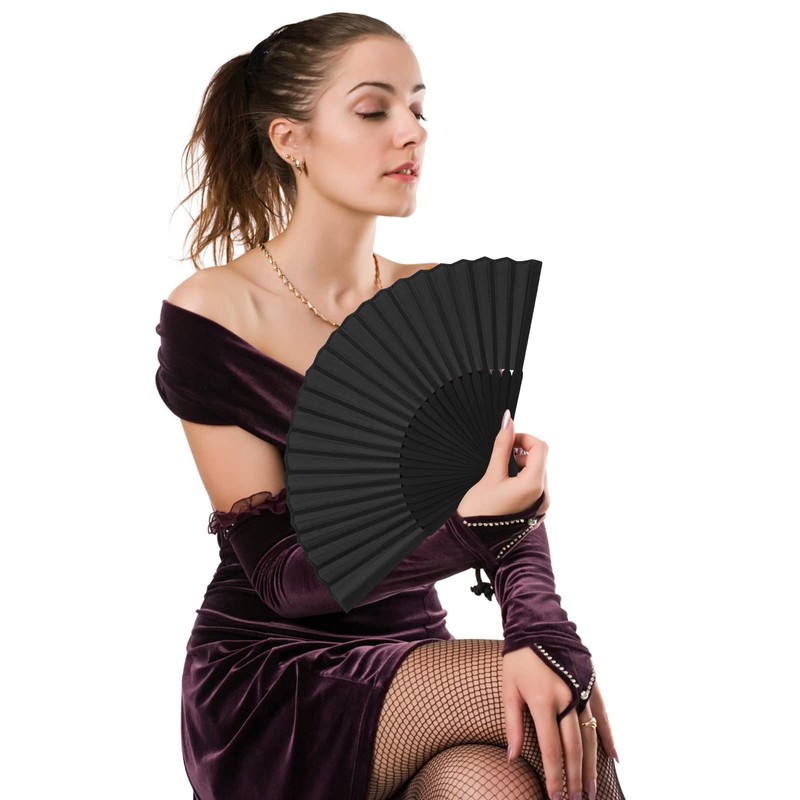 Leikedun 2 Pack Black Silk Fabric Hand Fans, Chinese Fan,