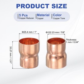 PATIKIL 5Pcs Copper Reducer 1" to 7/8" ID Reducing Copper Coupling Fitting Pipe Adapter