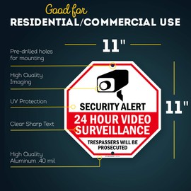 Securtity Alert 24 Hour Video Surveillance Trespassers Will Be Prosecuted Sign, 12" x 12" 0.40 Aluminum, Fade Resistance, Indoor/Outdoor Use, USA MADE By My Sign Center