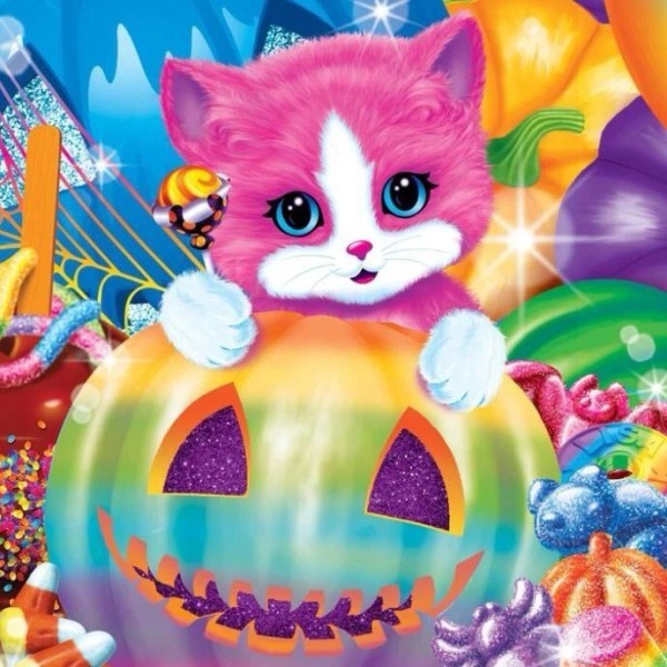 "Handmade" 80's Rainbow Halloween Kitty in Pumpkin 8x8 Cotton Fabric