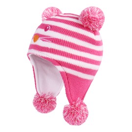 LANGZHEN Toddler Kids Infant Winter Hat,Earflap Knit Warm Cap Fleece Lined Beanie for Baby Boys Girls (Cat -Rose, 6-12 Months)