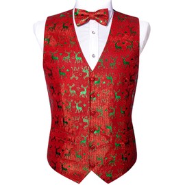Barry.Wang Mens Christmas Vest Red Green Xmas Reindeer Festival Suit Waistcoat Bow Tie Set New Year Holiday Party