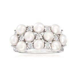 Ross-Simons 4mm Cultured Pearl Ring With Diamond Accents in Sterling Silver. Size 5