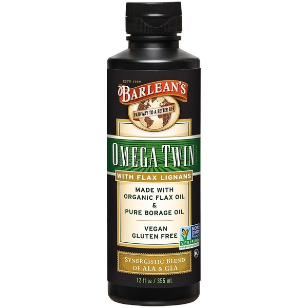 Barlean's Lignan Omega Twin Flax & Borage Oil Blend with 6,010 mg ALA and 465 mg GLA Omega Fatty Acids - Vegan, Non-GMO, Gluten-Free - 12 oz