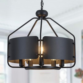 20.86'' Black Farmhouse Chandeliers for Dining Room, Vintage Industrial Large Drum Chandelier, Rustic Round Coastal Pendant Light Fixture Adjustable Hanging for Kitchen Island Foyer Hallway - 5 Light