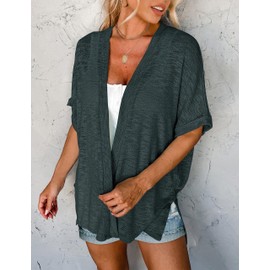 MEROKEETY Womens 2025 Summer Lightweight Cardigan Short Sleeve Open Front Casual Loose Cover Ups, Darkgrey, L