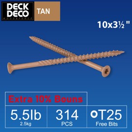DECK DECO Wood Screws #10 x 3-1/2" 314pcs(Approx), Tan Ruspert Coating Exterior Deck Screws, Torx/Star Drive Flat Head,Twist Shank, Cut Tip/Thread, Bit Included, 5.5 lb/Box