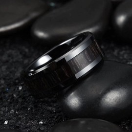 King Will NATURE 8mm Mens Black Ceramic Wedding Ring Inlay With Black Ebony Wood Beveled Edge 10