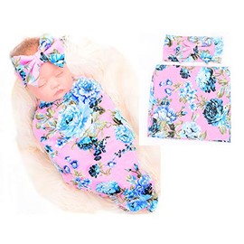 Newborn Receiving Blanket Headband Set Flower Print Baby Swaddle Receiving Blankets Galabloomer