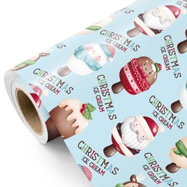 WRAPAHOLIC Ice Cream Christmas Wrapping Paper - Mini Roll - 17 Inch x 16.5 Feet - Cute Blue Christmas Ice Cream Wrapping Paper for Xmas Holiday, Party Celebration