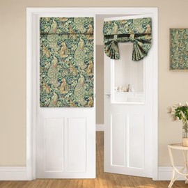 William Morris Floral Animal Door Curtain for French Glass Door, Vintage Boho Flower Birds Rabbit Tie up Small Curtain, 26x40in one Panel