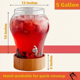 5 Gallon Glass Beverage Dispenser with Glass Lid, Spigot, and Wood Base – Commercial Drink Server