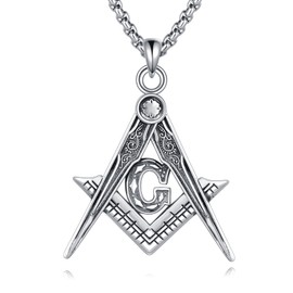 URONE Masonic Necklace 925 Sterling Silver Free and Accepted Masons Pendant Necklace Freemason Compass Symbol Jewelry for Men Women
