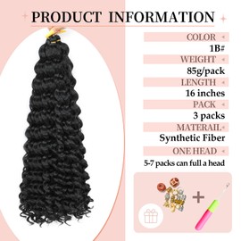 AMLUCKS Deep Wave Crochet Braids Hair Black 16 Inch 3 Pacs Ocean Wave Braiding Hair for Black Women Girls Synthetic Water Wave Crochet Hair Extensions for Boho Braids (1B#, 16inch-3)