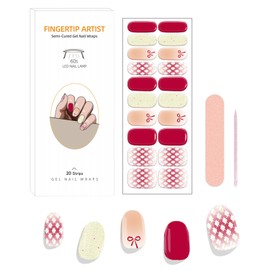 Cute Valentines Semi Cured Gel Nail Stickers Pink Bow Gel Nail Strips Romantic Valentine Nail Polish Stickers Solid Color Holiday Nail Polish Strips for Women DIY Manicure Decorations 20Pcs