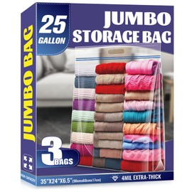25 Gallon Jumbo Storage Bags, 35" x 24" Clear Plastic Zipper Bags with Handles, Extra Heavy Duty Large XL for Travel, Moving, Clothing, 3 Packs