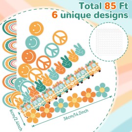 Qyeahkj 85Ft Hippie Bulletin Board Border Decoration Groovy Retro Straight Border Strips Daisy Rainbow Borders Trim Boho Hippie Bulletin Board Cutouts for School Office Wall Decor, 6 Styles