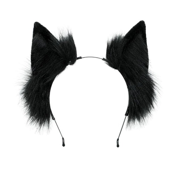 ILUFAM Furry Fox Wolf Cat Ears Headband Faux Fur Animal Ears Cosplay Party Costume Accessories Headwear (Black)