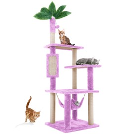 Nineshi 55 Inch Large Cat Tree Tower for Indoor Cats with Hammock Green Leaves Sisal Scratching Post, Plush Hang Ball Play Furniture for Kittens & Adult Cats, Square Platform Violet