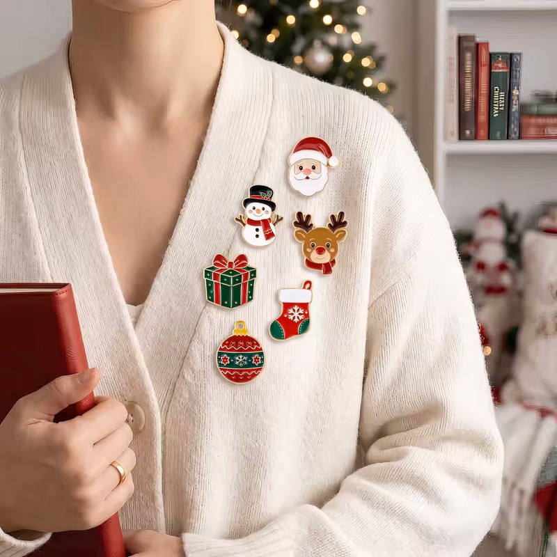 6-Piece Christmas Enameled Brooch Pin Set – Festive Holiday Jewelry