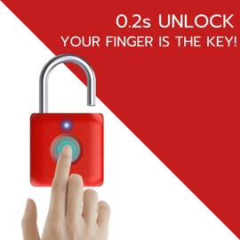 Pothunder Fingerprint Padlock, Smart Metal Keyless Fingerprint Lock, Waterproof, USB Rechargeable, for Gym, School, Luggage, Backpack, Suitcase, Red