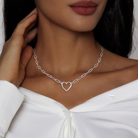 Airmb Silver Necklace for Women 925 Plated Trendy Heart Pendant Silver Paperclip Choker Dainty Love Charm Tiny Open Heart Chain Simple Delicate Jewelry Gifts for Women Girlfriend