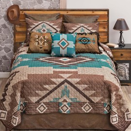 Black Forest Décor Mocha Turquoise Southwest Quilt Bed Set – Queen Size Quilt with Native American Tribal Patterns