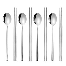4 Pairs Chopsticks and 4 Spoons Set Korean Stainless Steel Chopsticks Spoons, Kitchen Reusable Metal Flat Chopsticks Spoon Set with Long Handle for Home, Kitchen or Restaurant