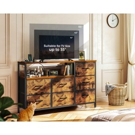AODK Dresser with Charging Station, 52-Inch Long Dresser for Bedroom with 7 Large Fabric Drawers, Dresser TV Stand with Open Shelves for 55-Inch TV, Vintage and Vintage