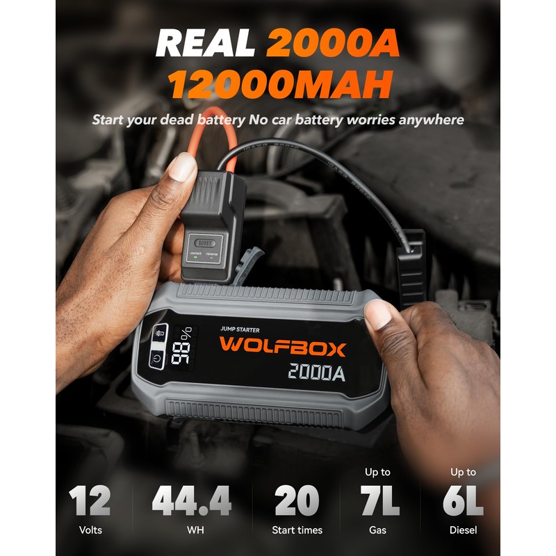 WOLFBOX 2000A Jump Starter, 44.4Wh Battery Jumper Starter Portable with