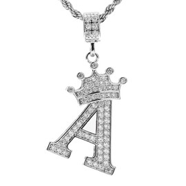 UALGL A-Z Letters Necklace Crown Necklace for Men Women 18K Gold Plated Letters Pendants with 23'' Chain Hip Hop Alphabet Name Jewelry Mom Gifts (White-A)