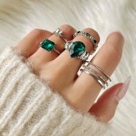 Wendalern Stackable Rings Set for Women Dainty Emerald Green Crystal Teardrop Square Knuckle Rings Stacking Diamond CZ Index Finger Rings Aesthetic Jewelry for Women