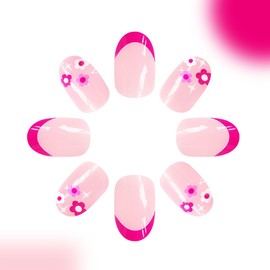 Flower Press on Nails Short Fake Nails French Tip Nude Pink with Design Glossy Oval Stick Glue on Nails Tips for Women, Reusable Acrylic Daily False Nail Spring Summer Nail Art Decoration Kit 24Pcs