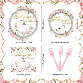 Fall White Pumpkin Baby Shower Party Tableware Set 96 Pcs A Sweet Little Pumpkin is On The Way Pink Floral White Pumpkin Fall Autumn Disposable Plates Napkins Forks Decorations Serve 24 Guests