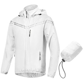 CREATMO US Men's Rain Coat Reflective Windbreaker Lightweight Packable Cycling Jacket Hooded Raincoat White 2XL