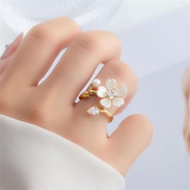 Kokoma Dainty Flower Leaf Ring for Women Cubic Zirconia Pearl White Flower Wrap Finger Band Crystal Engagement Promise Rings Open Statement Ring Adjustable Band