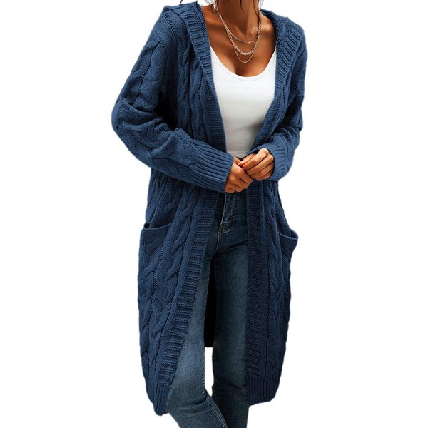 Suéter de punto sólido de manga larga para mujer, con bolsillo y capucha, informal, largo, para exteriores, Azul marino/flor y brillo, M