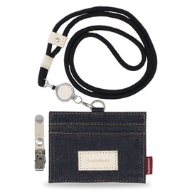 NeedNetwork Okayama Denim ID Card Holder ID Card Case Name Holder for Men Double Sided Card Case Pass Case Elastic Reel Neck