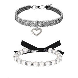 WoYous Rhinestones Dog Collar and Pearl Dog Necklace Set, Adjustable Neck Strap Bling Full Diamond Crystal Cute Pearl Dog Collar for Small Girls Cats Puppy for Birthday Party