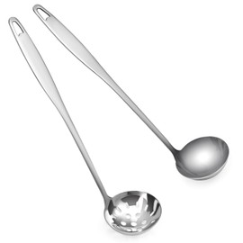 Diakey 2 Pack Soup Ladle and Slotted Spoon Set, Heavy Duty 18/8 Stainless Steel Metal Ladle Spoon Skimmer Strainer Colander Scoop for Serving Cooking Hotpot Gravy, 12in