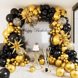 140 pcs Black and Gold Birthday Party Balloons Garland Arch Kitwith Disco Ball & Starburst Foil Balloons, Confetti Chrome Balloons for Graduation New Year Anniversary Birthday Party Decorations