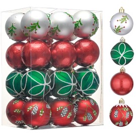 Valery Madelyn Christmas Ball Ornaments, 24ct Red Green White Shatterproof Christmas Tree Decorations Set, 2.36 Inch Classic Decorative Hanging Ornaments for Xmas Trees Bulk Holiday Party Decor