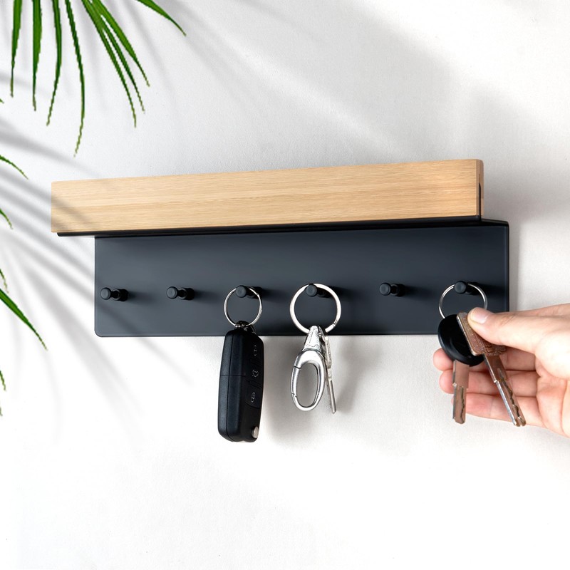 Wooden Key Rack with Shelf, Key Holder with 6 Hooks,