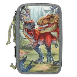Depesche 13277 Dino World Bite - Filled 3-Compartment Pencil Case in Green, with Dino Motif and Forest, Pencil Case with Colouring Pencils, Ruler, Scissors and much more, multicoloured, Dino World
